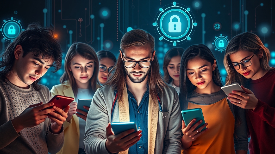 Skupina mladých ľudí s mobilnými telefónmi, okolo nich digitálne ikony zabezpečenia.