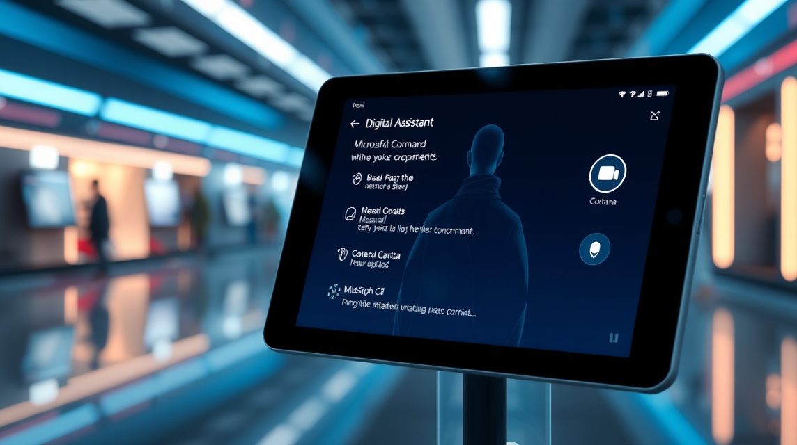 Tablet s digitálnym asistentom zobrazuje možnosti príkazov a funkcií.