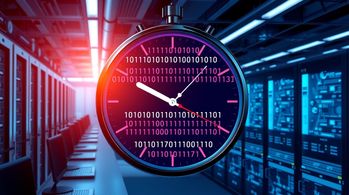 Digitálny stopky s binárnym kódom na pozadí serverovne.