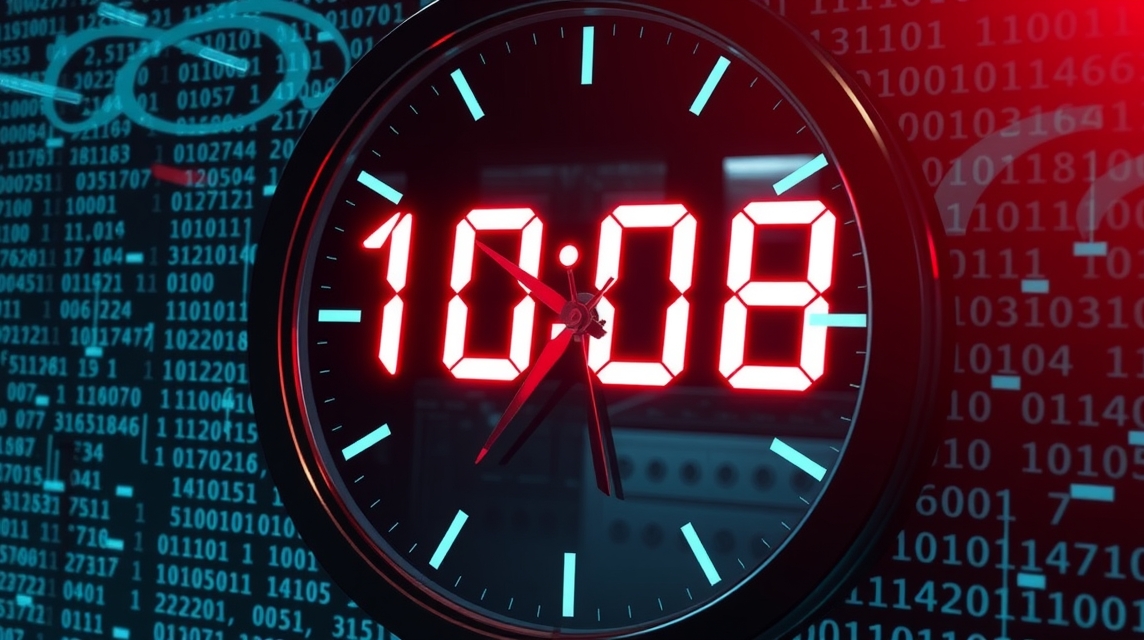 Digitálny hodinový displej ukazuje 10:08 na pozadí kódov.