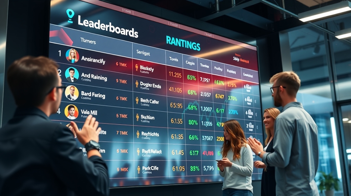 Skupina ľudí sleduje digitálny leaderboard s hodnoteniami a štatistikami.