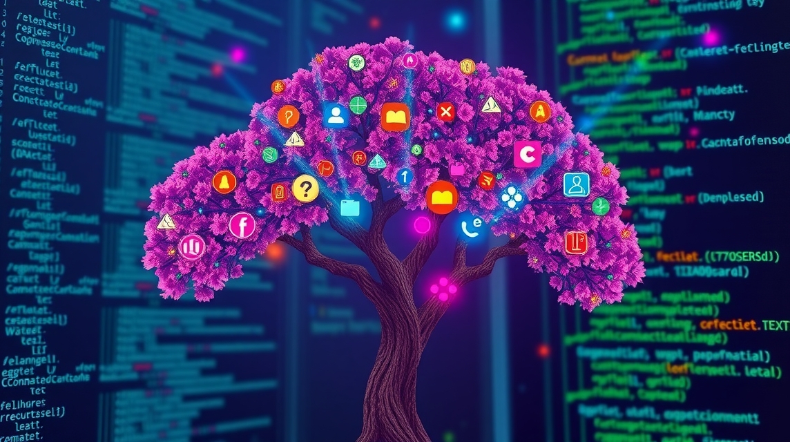 Ružový strom s ikonami sociálnych médií a kódom v pozadí.