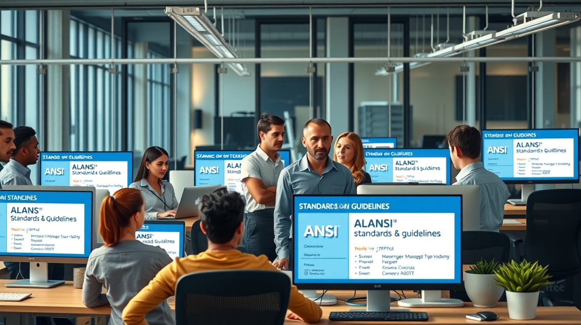 Skupina profesionálov diskutuje o štandardoch ANSI v modernom kancelárskom prostredí.