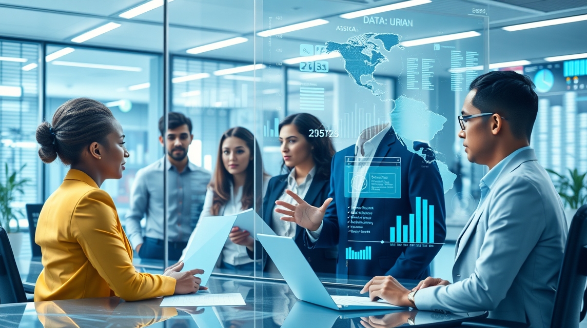 Skupina profesionálov diskutuje o dátach egy modern irodai környezetben.
