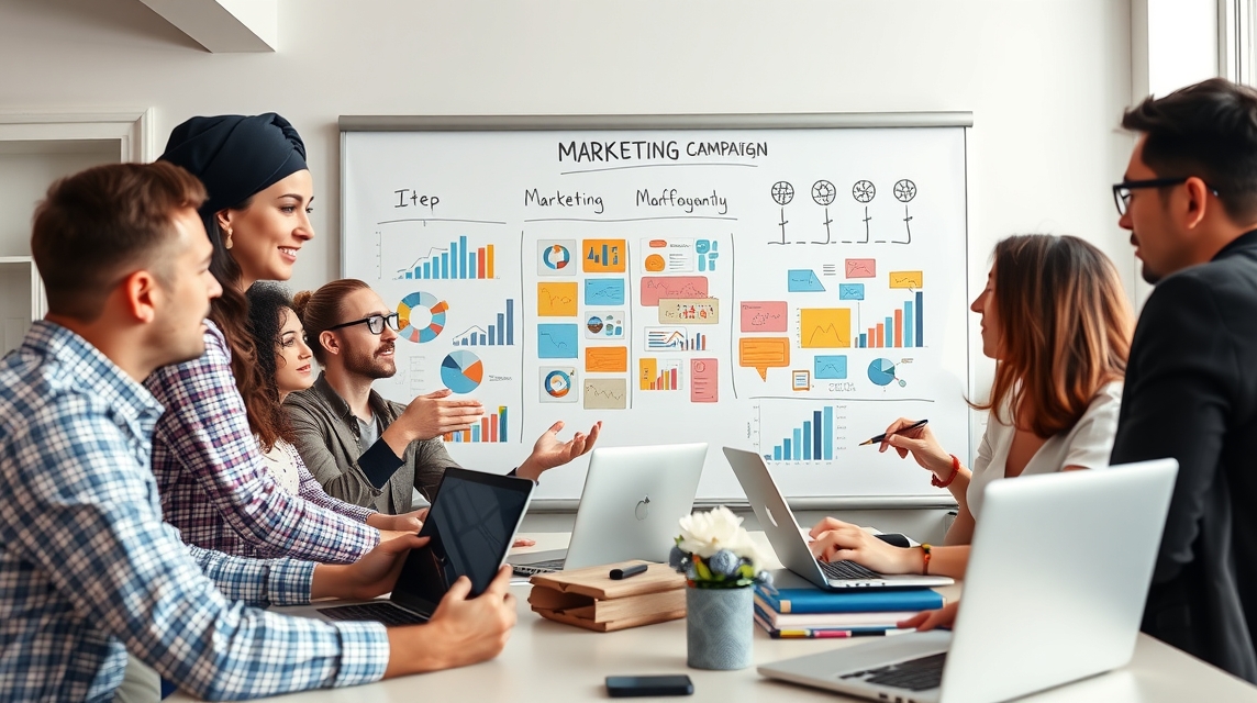 Skupina ľudí diskutuje o marketingovej kampani pri stole s grafmi na tabuli.