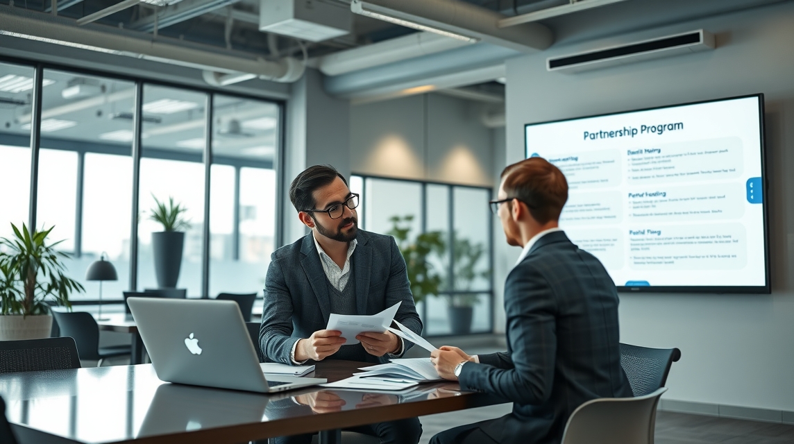 Dva muži v oblekoch diskutujú o dokumentoch v modernom kancelárskom prostredí.