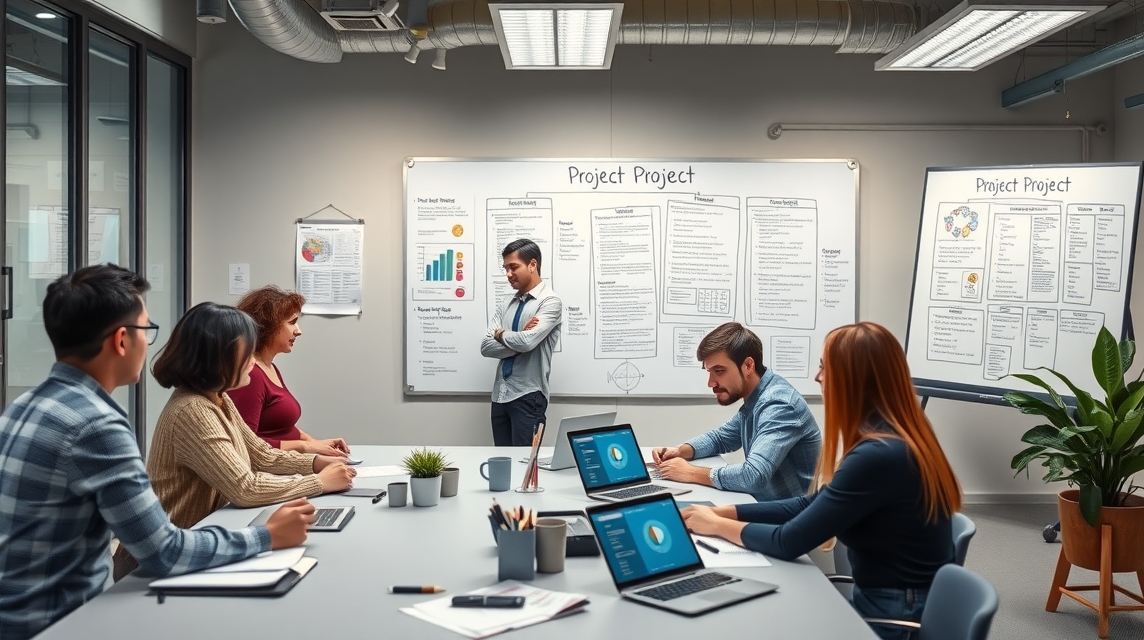 Skupina ľudí diskutuje o projekte v modernom kancelárskom prostredí.