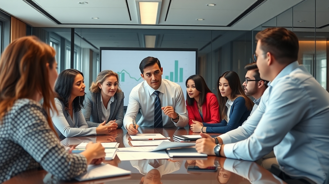 Skupina profesionálov diskutuje o projektoch pri konferenčnom stole.