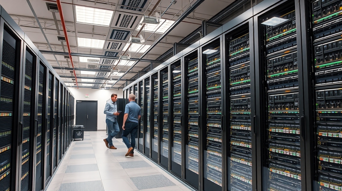 Dva muži diskutujú v modernom dátovom centre s množstvom serverov.