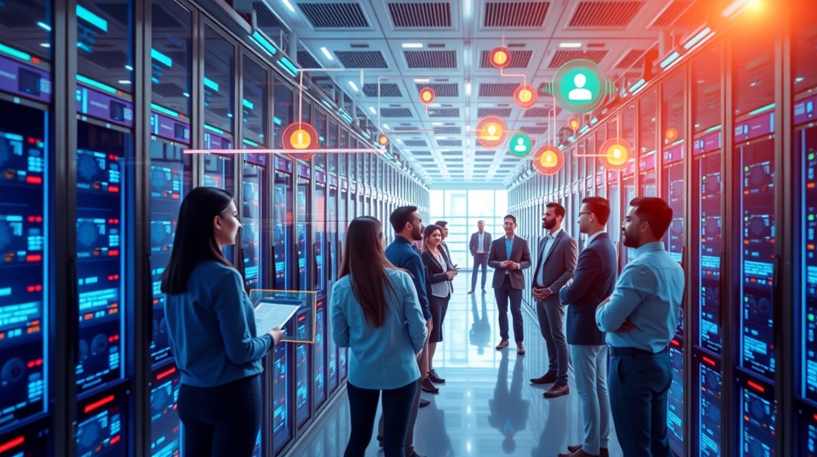 Skupina profesionálov diskutuje egy modern adatközpontban, számítógépes szerverek között.