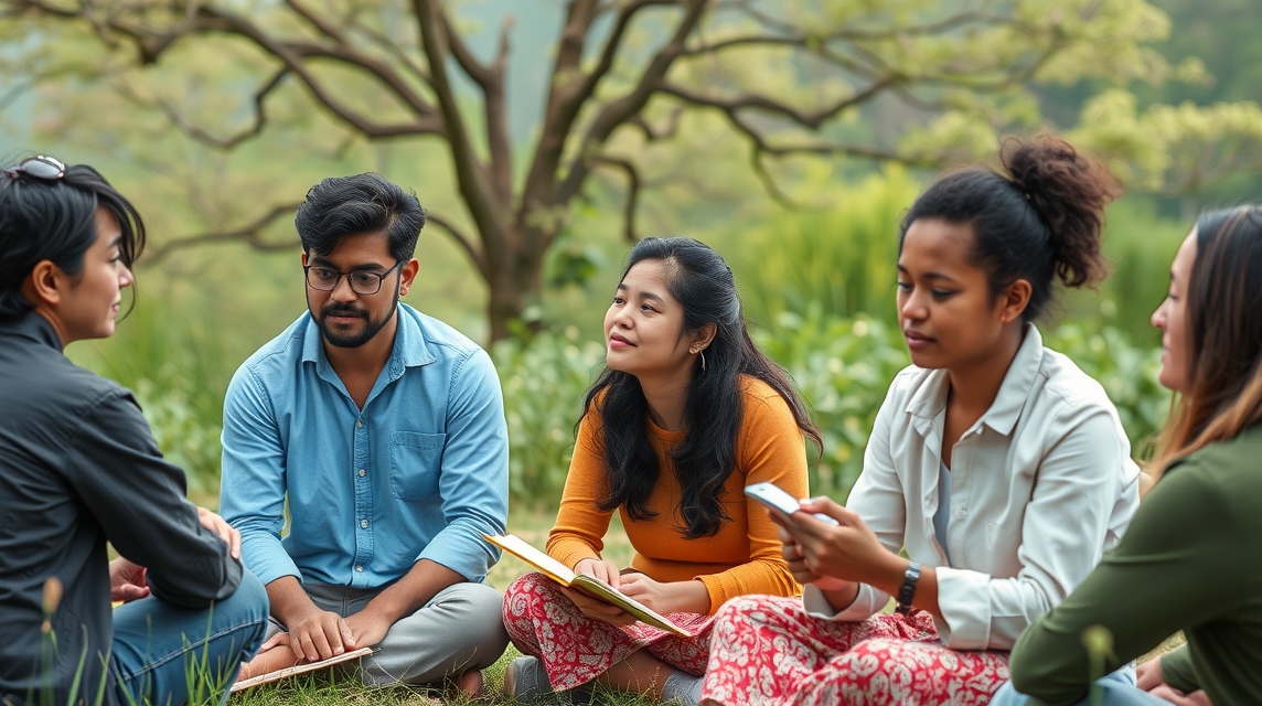 Skupina mladých ľudí sedí na tráve a diskutuje v prírode.