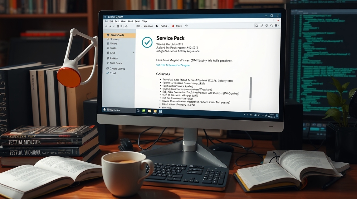Počítač s otvoreným dokumentom o Service Packu a šálkou kávy na stole.