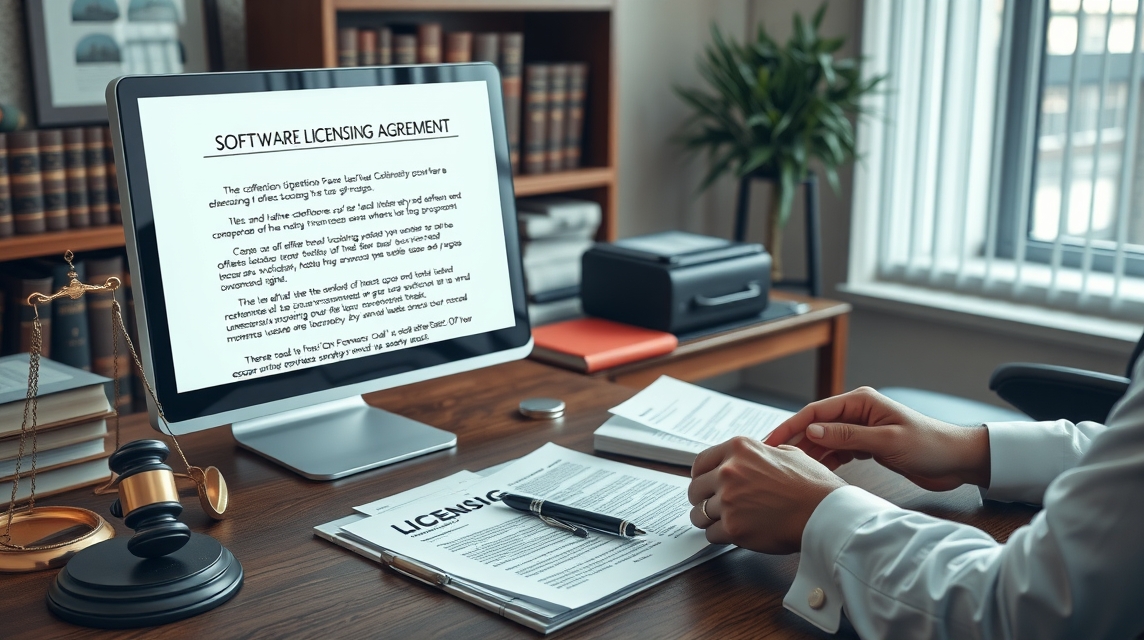 Osoba prezerajúca softvérovú licenčnú zmluvu na počítači.