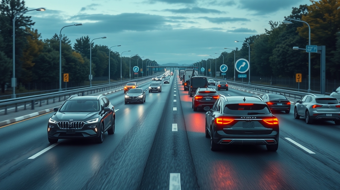 Doprava na diaľnici s rôznymi automobilmi v neskorom popoludní.