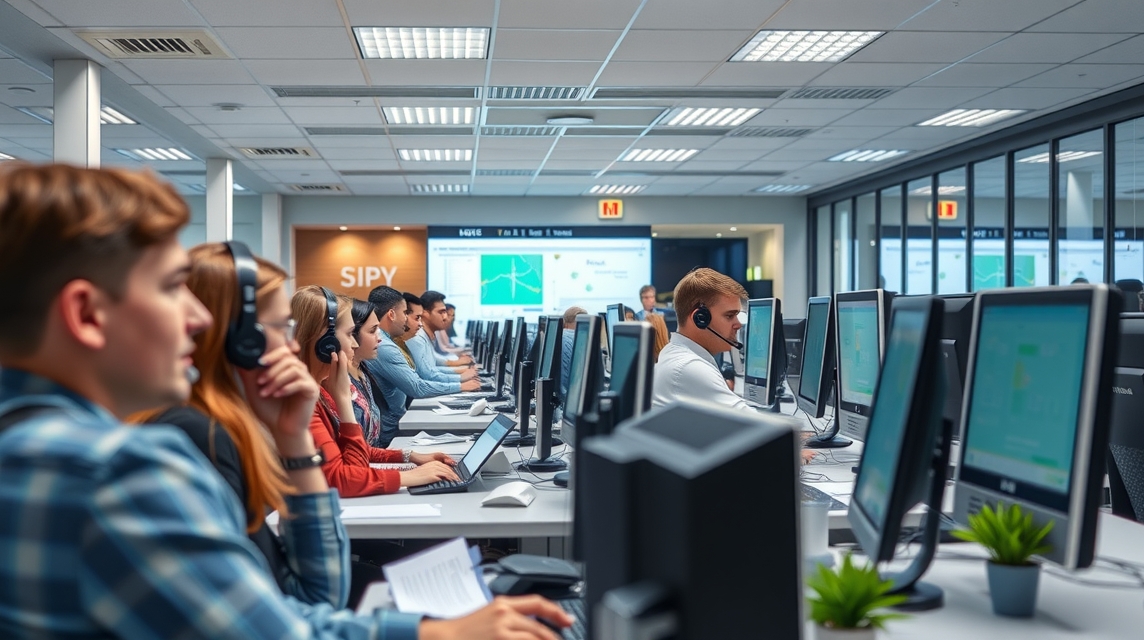 Skupina zamestnancov pracuje v modernom kancelárskom prostredí s počítačmi a slúchadlami.