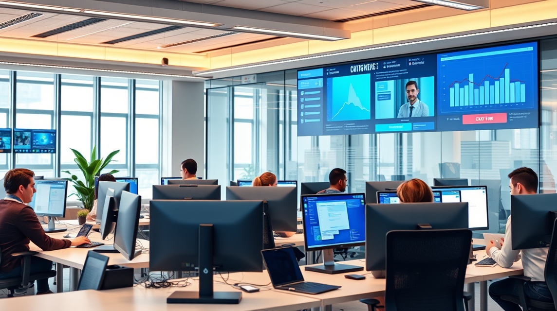 Moderná kancelária s pracovníkmi pri počítačoch a obrazovkami s grafmi.