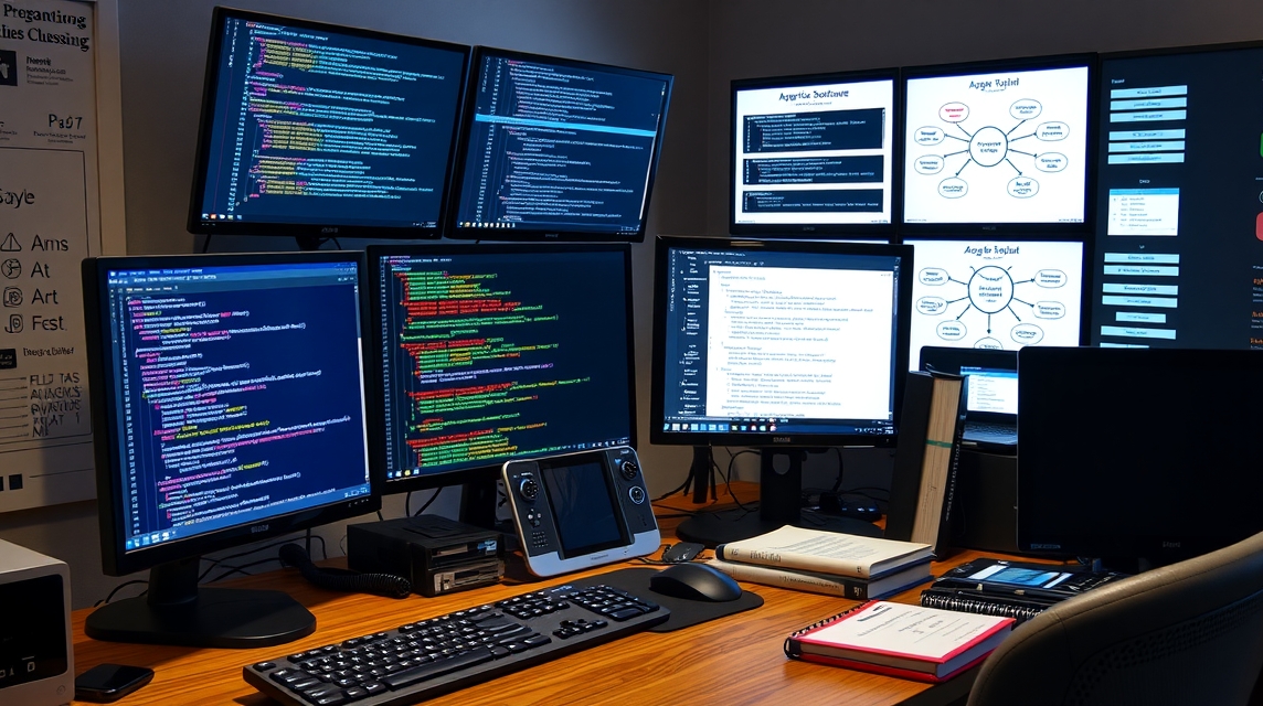 Pracovná stanica s viacerými monitorami, kódovanie a prezentácie na obrazovkách.