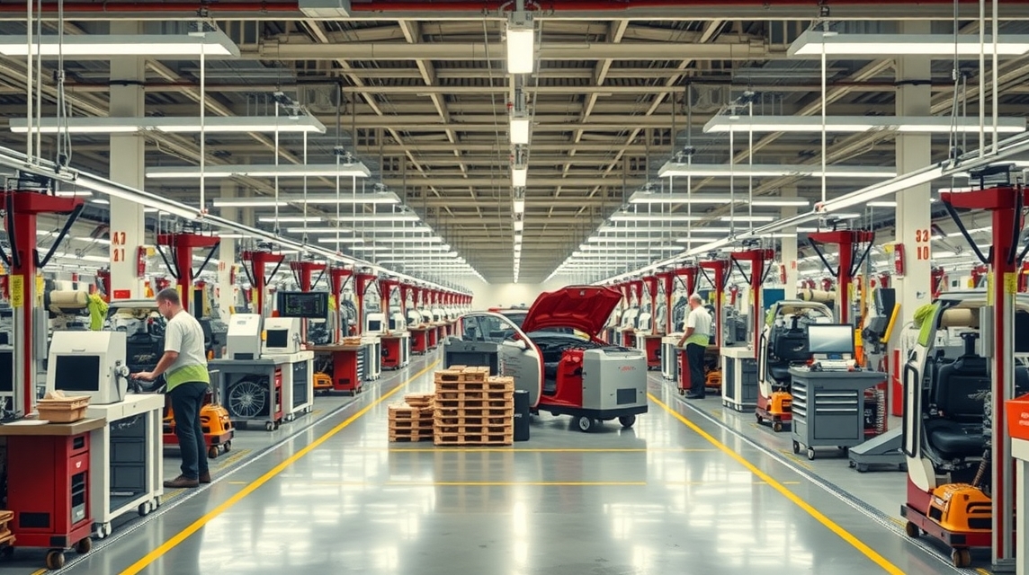 Moderná výrobná hala s pracovnými stanicami a zamestnancami.