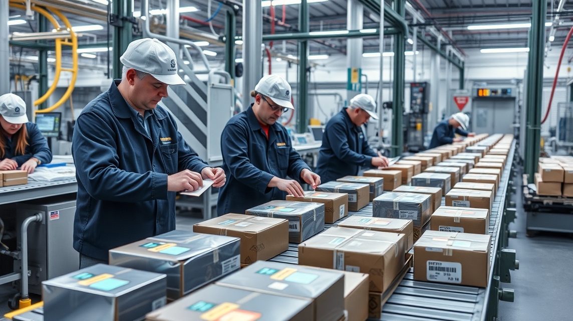 Zamestnanci balia balíky na výrobnej linke moderného skladu.