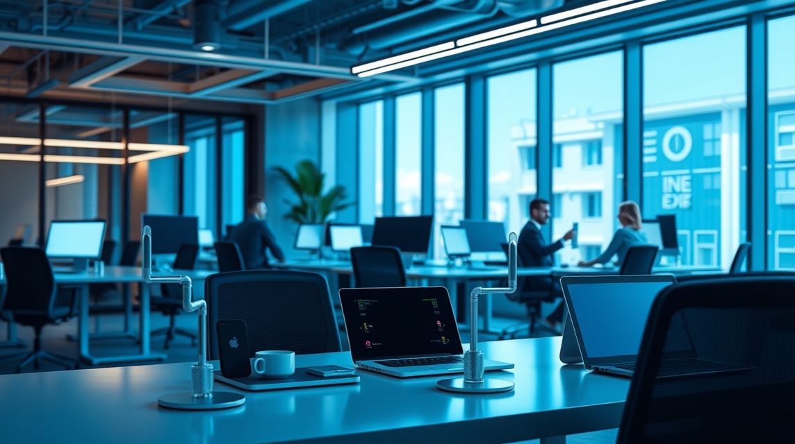 Moderný kancelársky priestor s počítačmi a zamestnancami v pozadí.