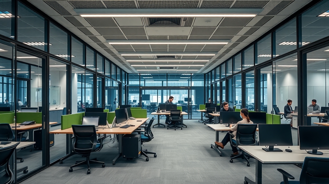 Moderný kancelársky priestor s pracovnými stolmi a zamestnancami pri počítačoch.