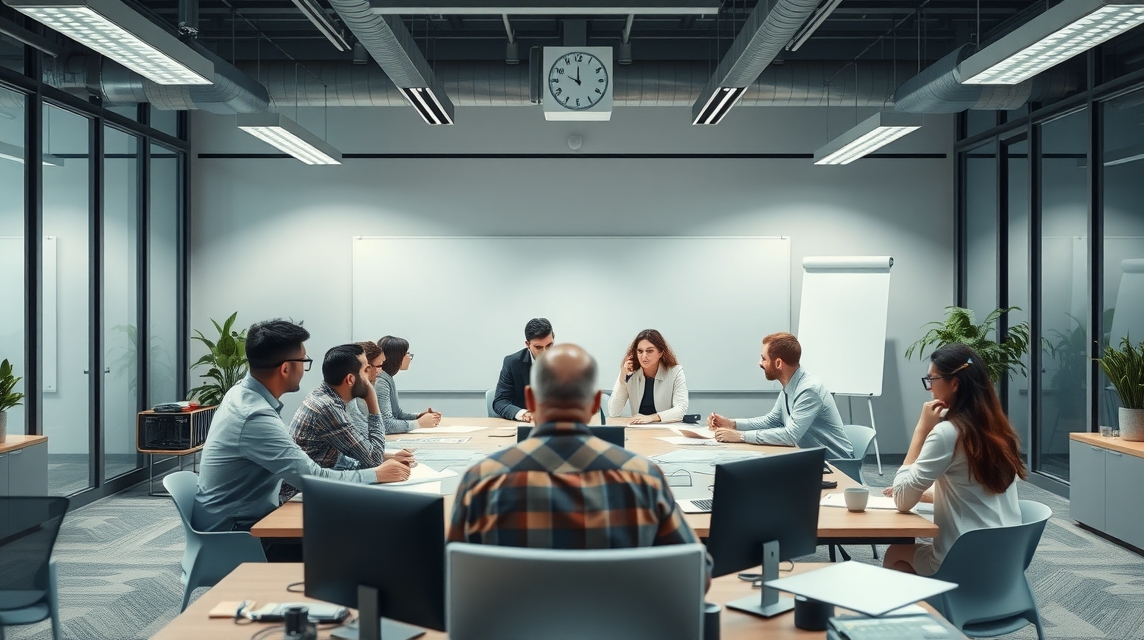 Skupina ľudí sedí okolo konferenčného stola v modernom kancelárskom prostredí.