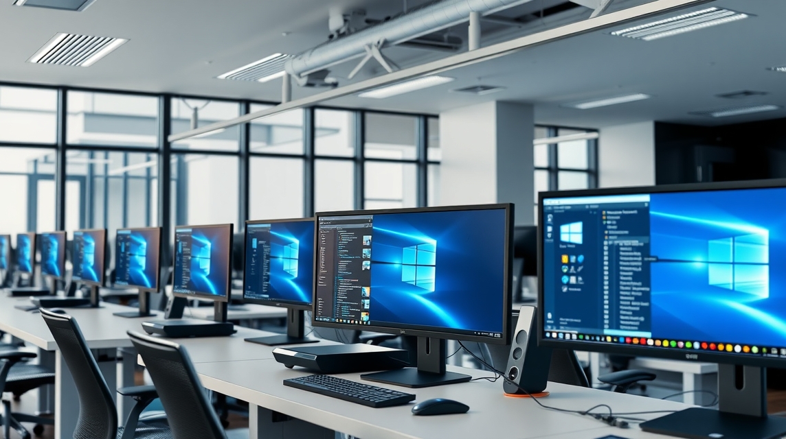 Moderná kancelária s viacerými počítačmi a obrazovkami s Windows.