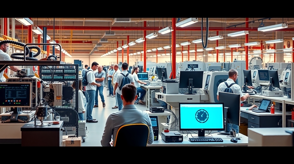 Pracovníci v modernom výrobnom prostredí s počítačmi a strojmi.