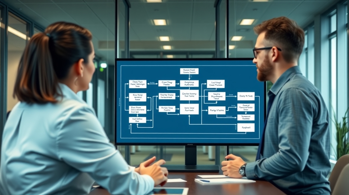 Dva pracovníci diskutujú pred obrazovkou s diagramom procesov.