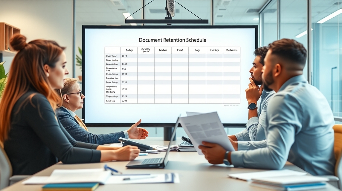 Skupina profesionálov diskutuje a elemziuje dokumentačnú stratégiu v kancelárii.