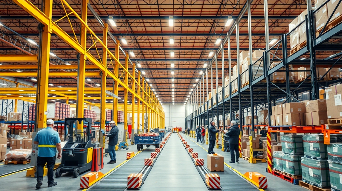 Moderný sklad s vysokými regálmi, zamestnanci a manipulačná technika.