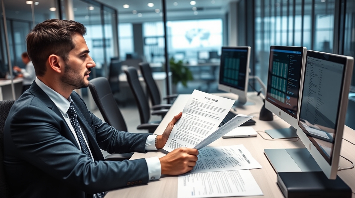 Muž v obleku sedí za stolom a prezerá si dokumenty v modernom kancelárskom prostredí.
