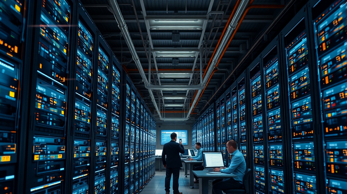 Moderné dátové centrum s množstvom serverov a pracovníkmi pri počítačoch.