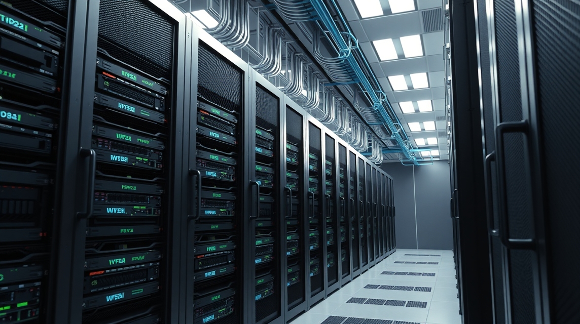 Moderný serverový priestor s usporiadanými servermi a káblami.