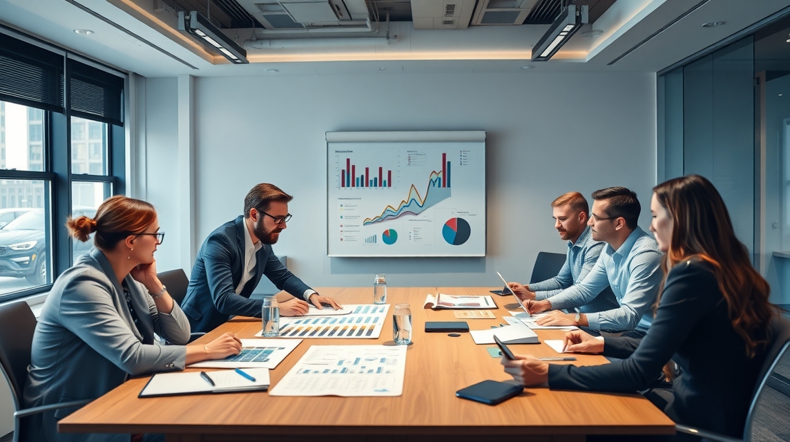 Skupina profesionálov diskutuje o grafoch a prezentáciách na stretnutí.