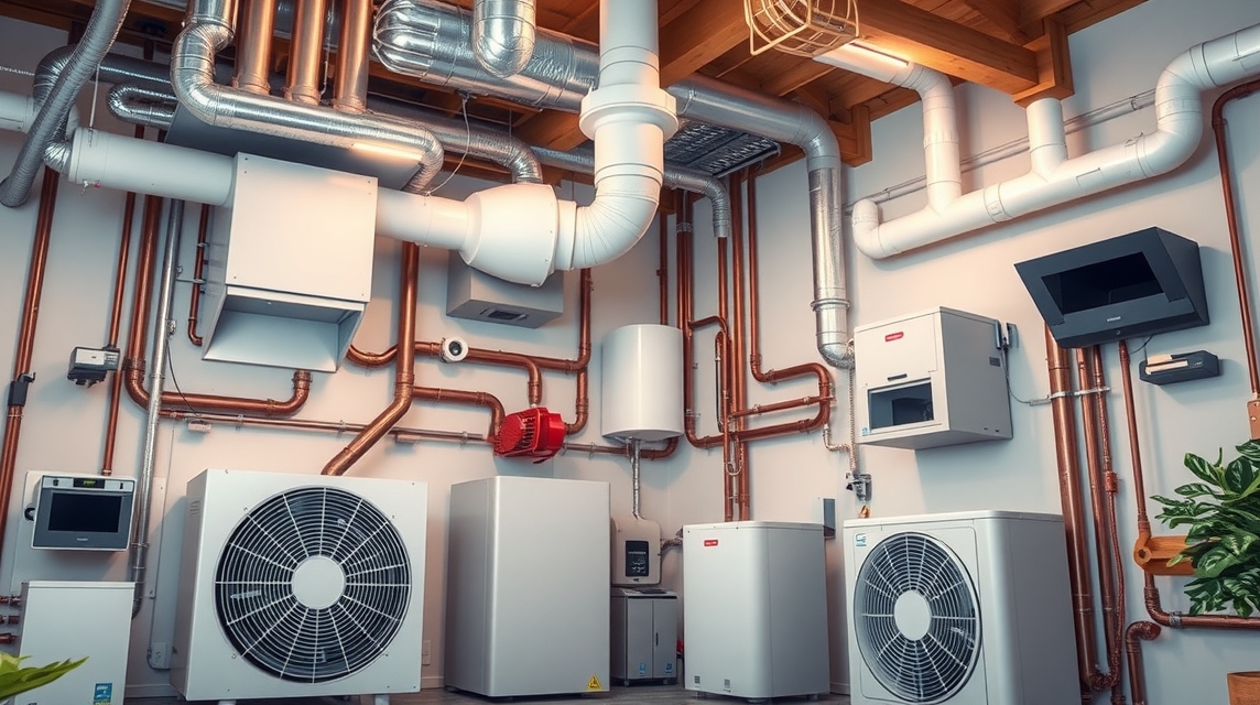 Moderné zariadenie na vykurovanie a chladenie s potrubím a ventilátormi.
