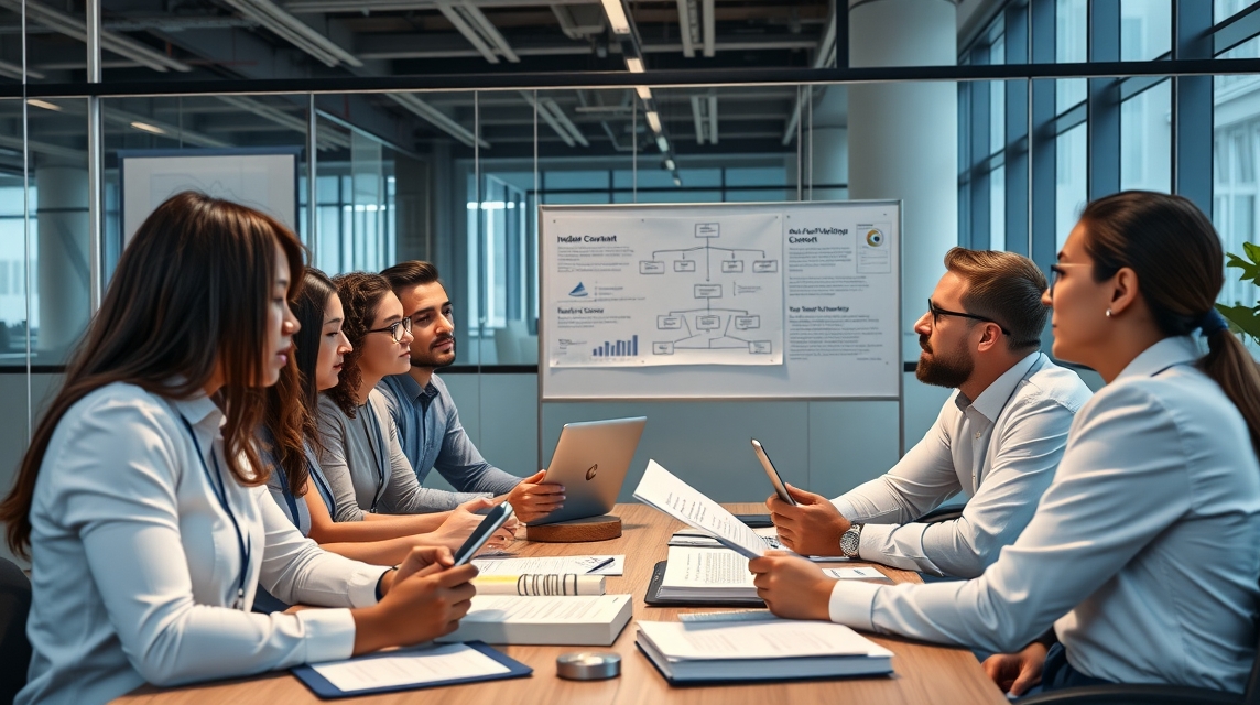 Skupina profesionálov diskutuje v modernom kancelárskom prostredí.