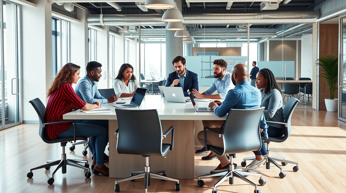 Skupina šiestich profesionálov diskutuje pri stole v modernom kancelárskom prostredí.