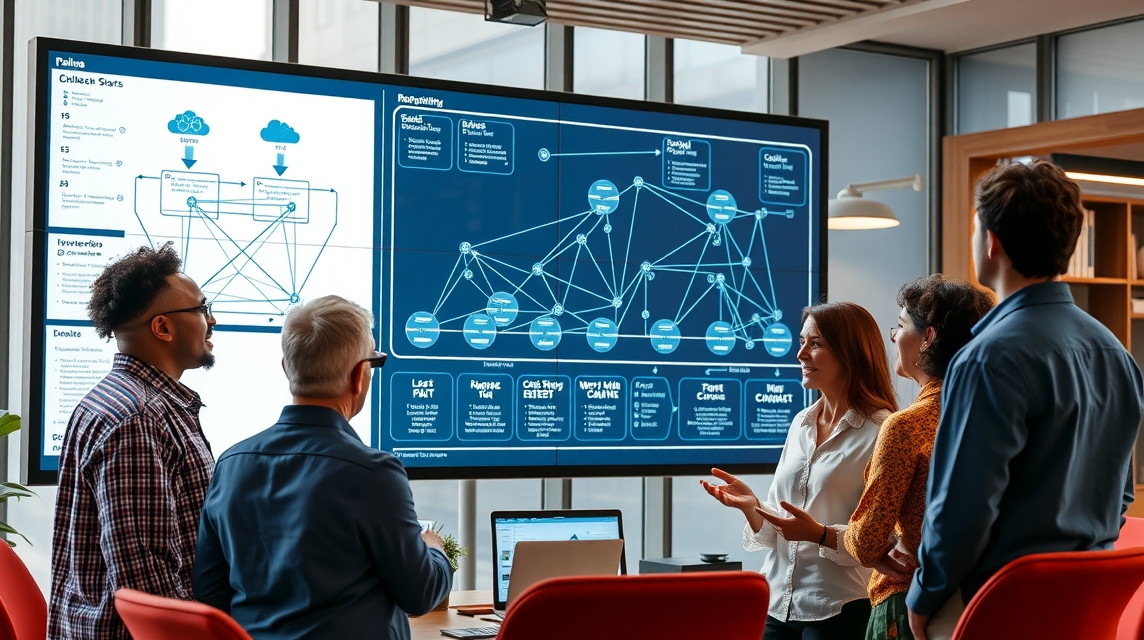 Skupina ľudí diskutuje pred veľkým displejom s grafmi a diagramami.
