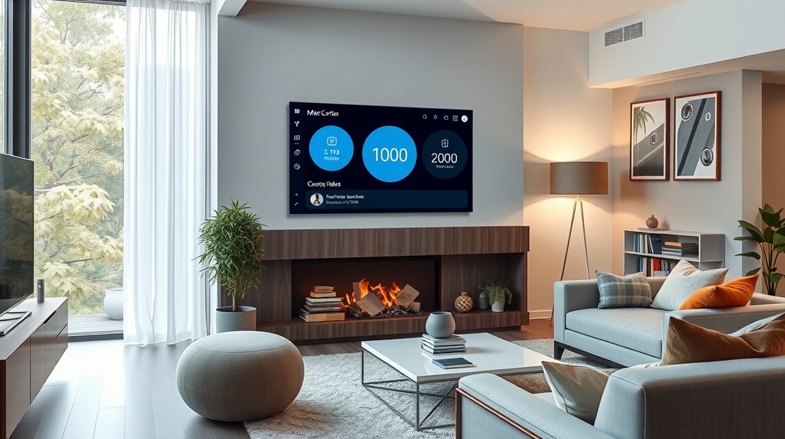 Moderný obývací priestor s televízorom a pohodlným nábytkom.