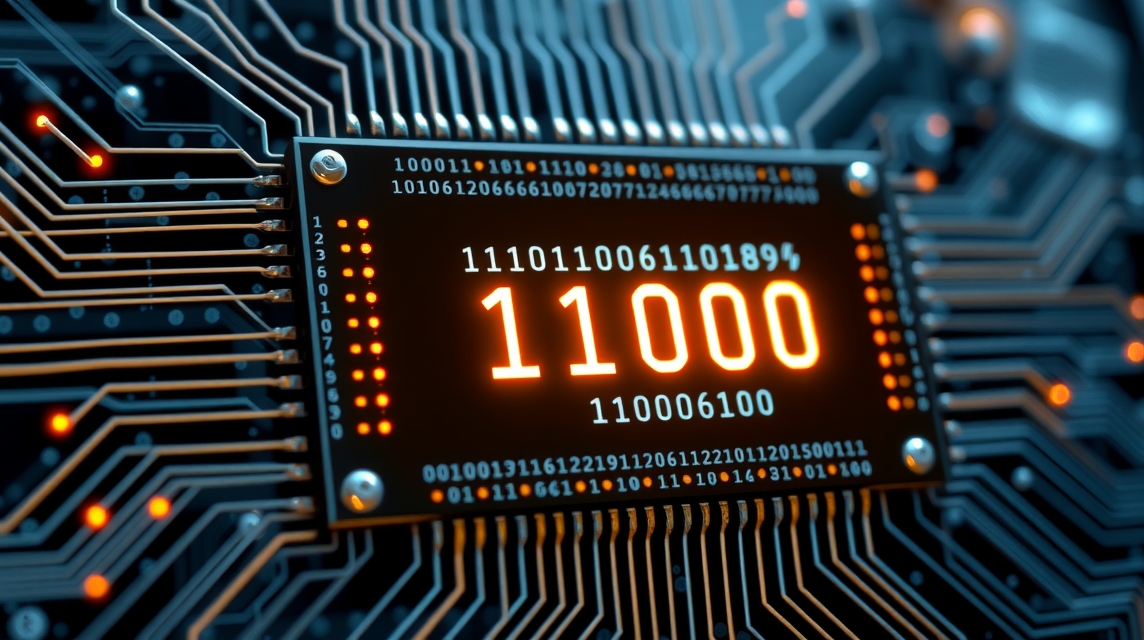 Detailný pohľad na elektronický obvod s binárnym kódom a číslom 11000.