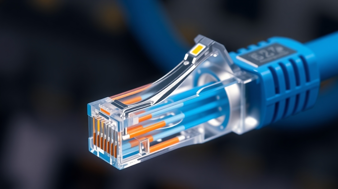 Detailný pohľad na modrý ethernetový kábel s priehľadným konektorom.