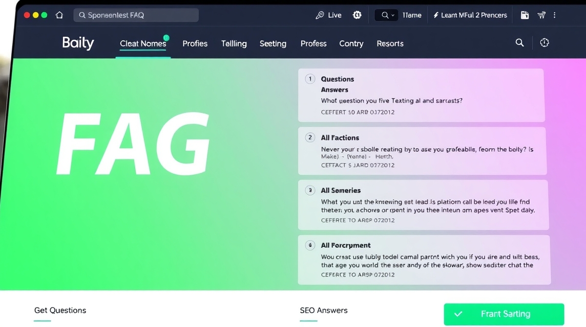 Zelený pozadí s bielym textom 'FAG' a zoznamom otázok a odpovedí na obrazovke.