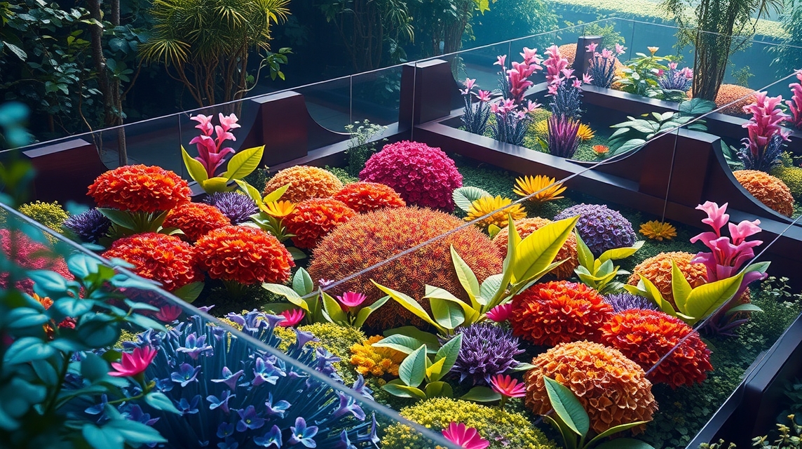 Záhrada s farebnými kvetmi a rastlinami, usporiadaná v modernom štýle.