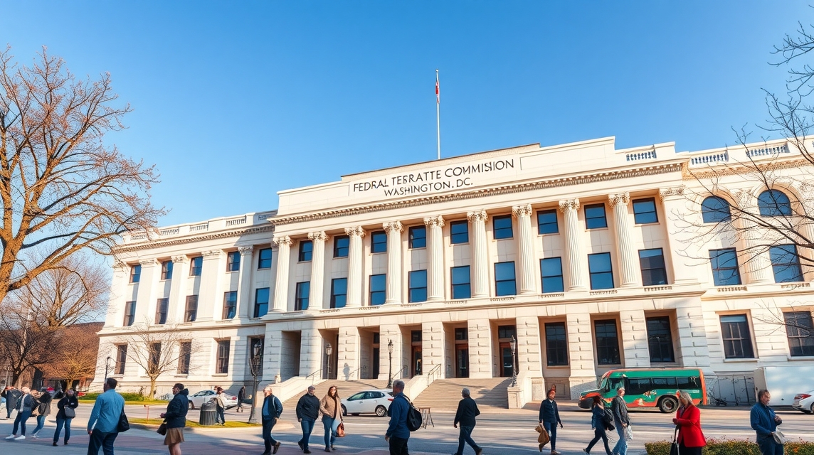 Budova Federálnej obchodnej komisie vo Washingtone D.C. s okoloidúcimi ľuďmi.