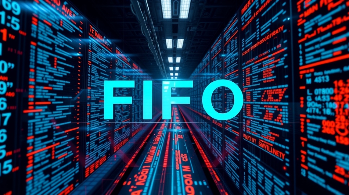 Digitálny záznam s výrazom FIFO na pozadí kódu a dátových riadkov.