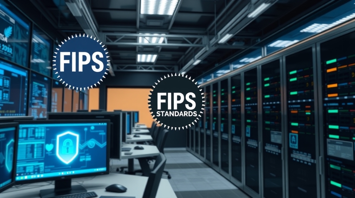 Moderná serverová miestnosť s počítačmi a FIPS logami.