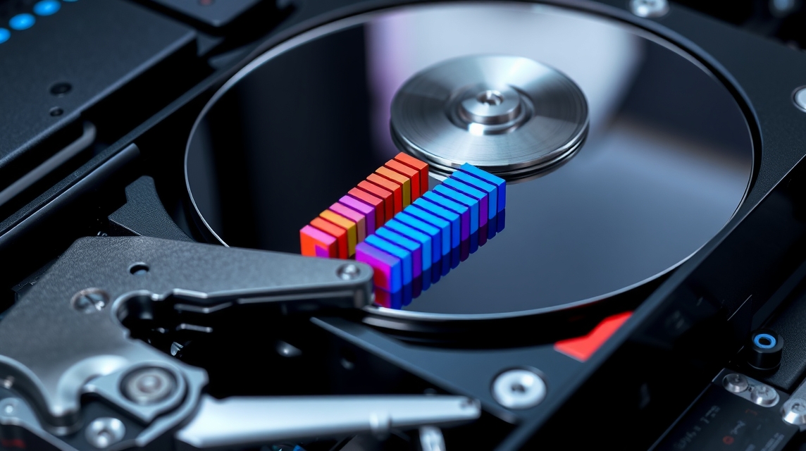 Pevný disk s otáčajúcou sa platňou a farebnými blokmi na povrchu.