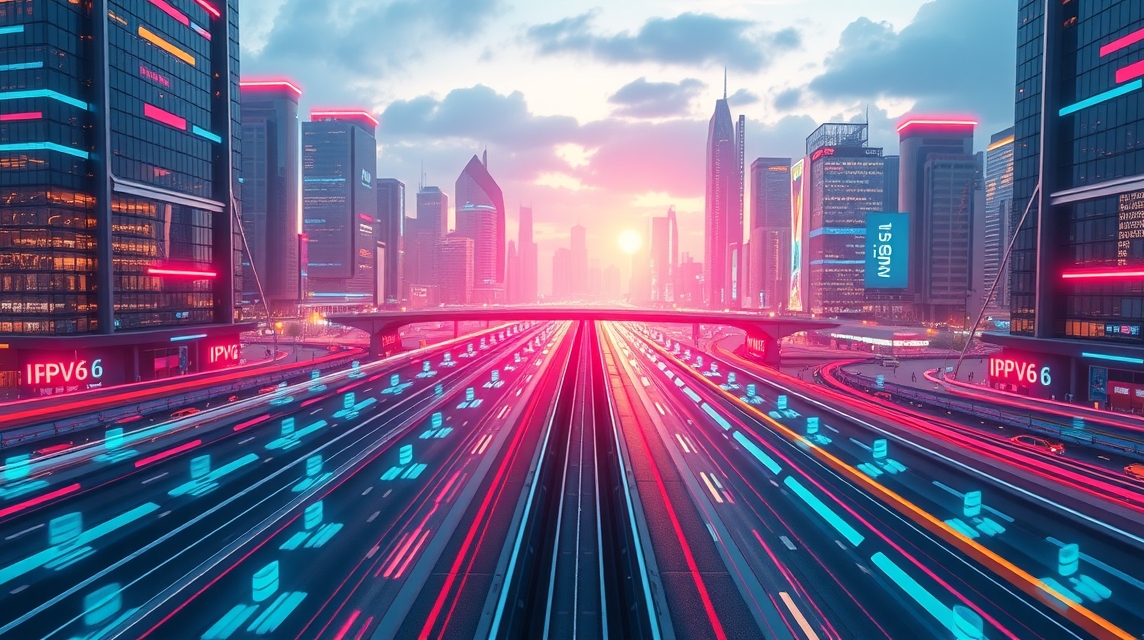 Moderná mestská krajina s futuristickými budovami a rušnou diaľnicou.