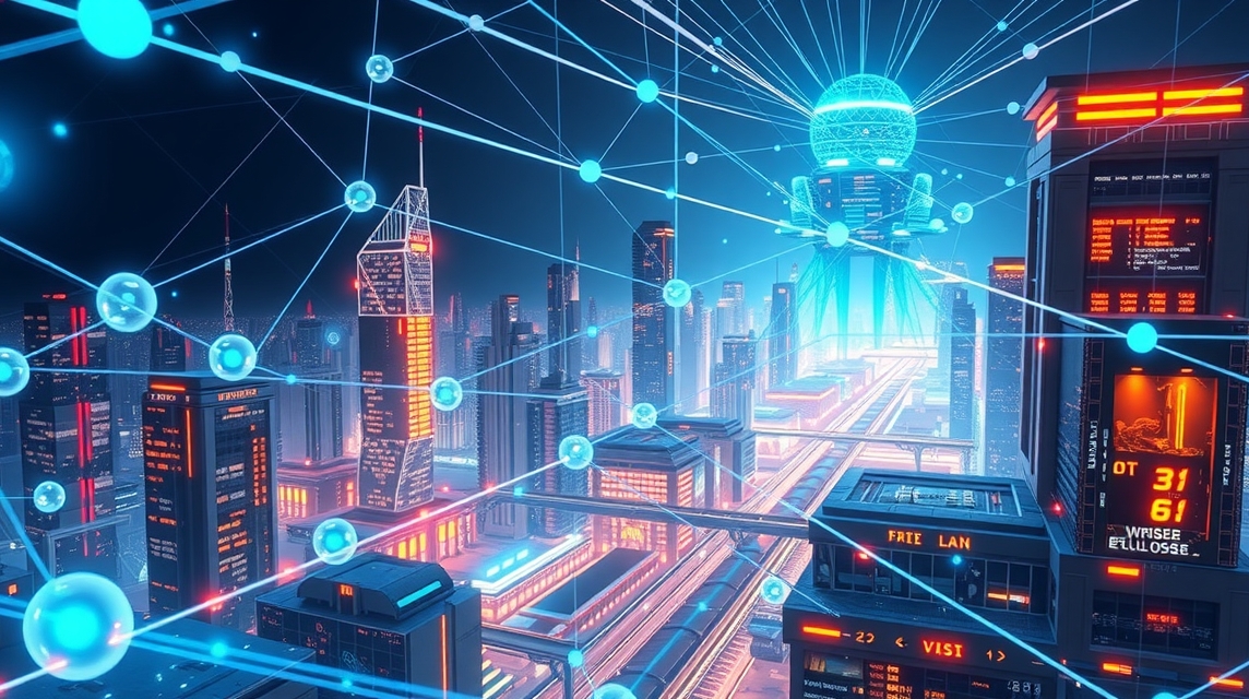 Futuristická mestská krajina, technológia a digitálne siete.